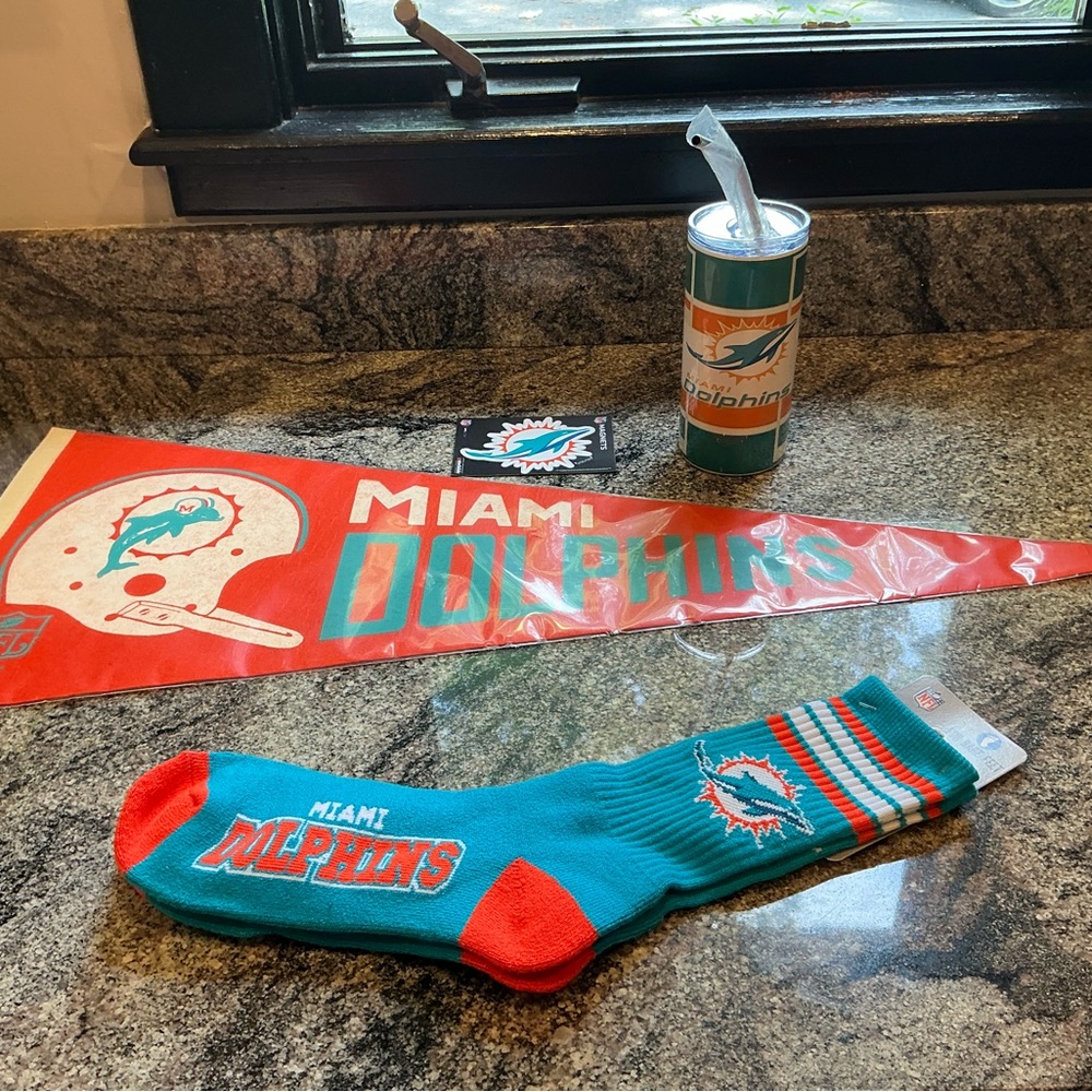 Miami Dolphins Fan NWT Bundle – Vintage Pennant, Socks, Cup & Sticker